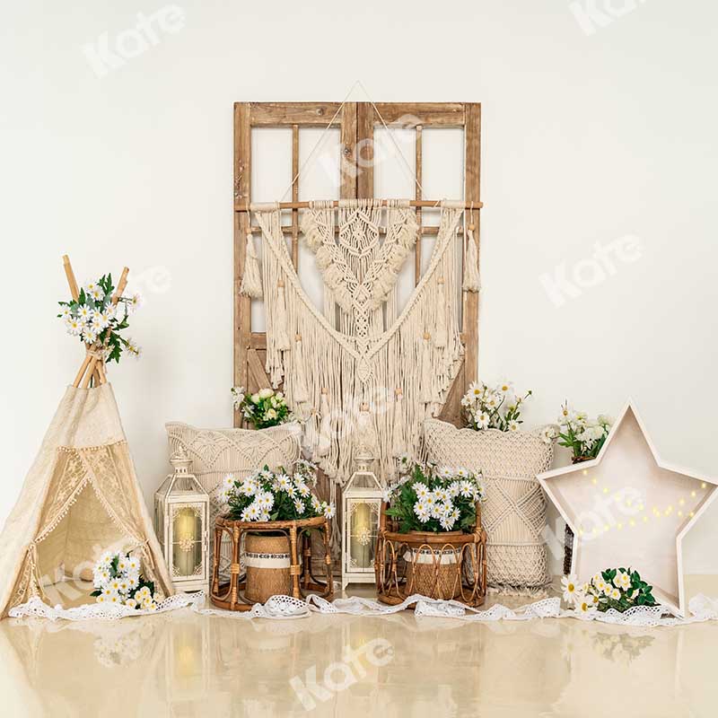 Kate Beige Little Daisy Floral Boho Backdrop Designed by Emetselch - Image 3