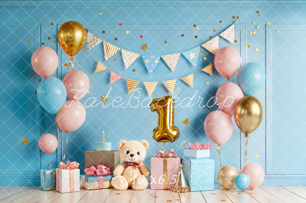 Kate 1st Birthday Balloons Gifts Blue Fleece Backdrop Designed by Chain Photography - Image 2