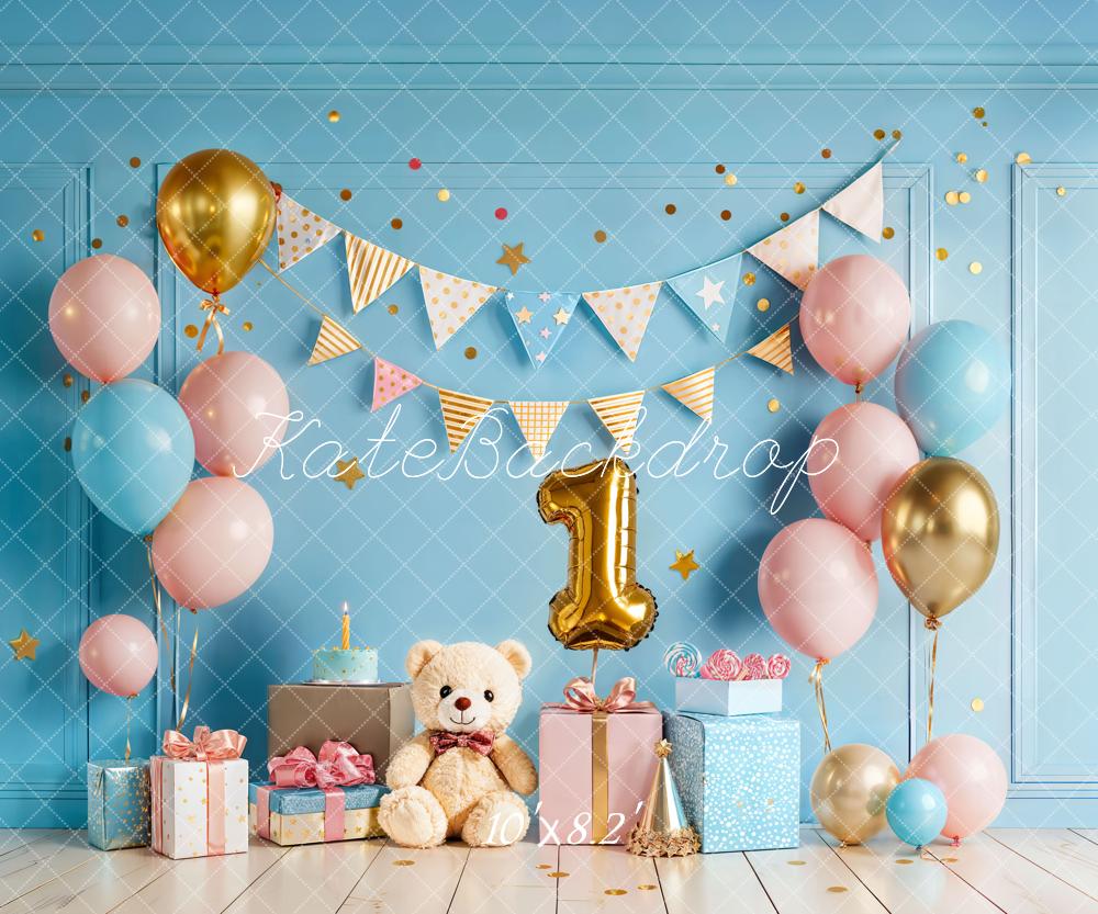 Kate 1st Birthday Balloons Gifts Blue Fleece Backdrop Designed by Chain Photography - Image 3