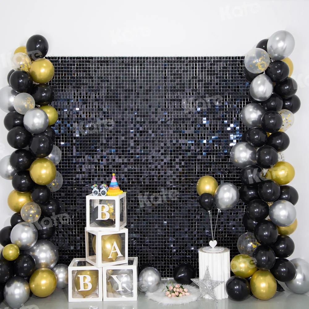 Kate Birthday Black Golden Balloons Sequin Wall Backdrop Designed by Emetselch - Image 2