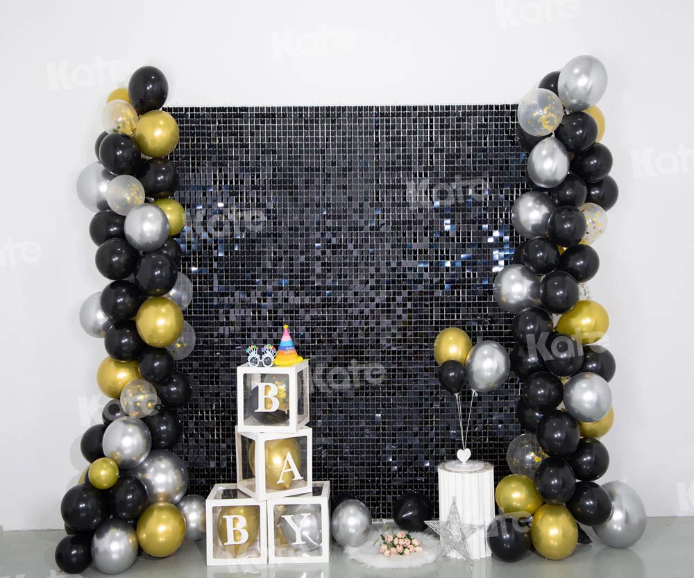 Kate Birthday Black Golden Balloons Sequin Wall Backdrop Designed by Emetselch - Image 3