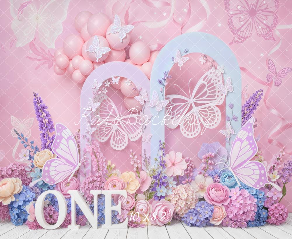 Kate 1st Birthday Butterfly Balloons Floral Pink Backdrop Designed by Emstselch - Image 6