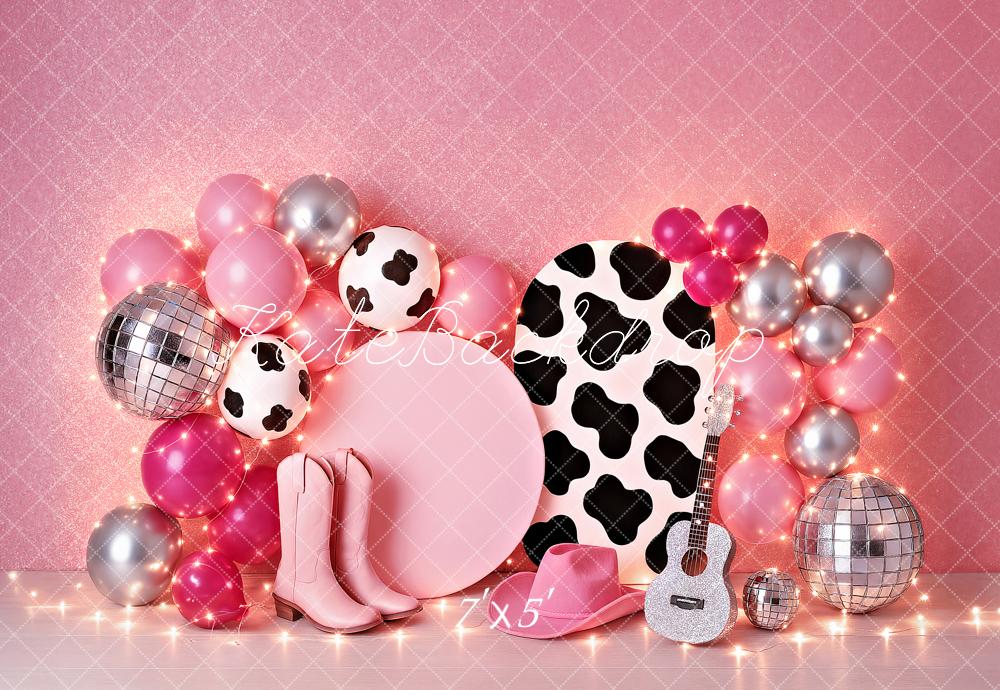 Kate Birthday Cowgirl Pink Balloon Guitar Disco Backdrop Designed by Ashley Paul - Image 2