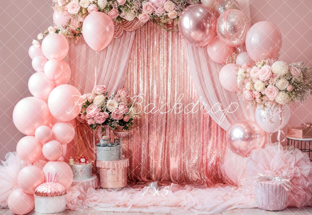 Kate Birthday Pink Floral Balloon Arch Backdrop Designed by Emetselch - Image 2