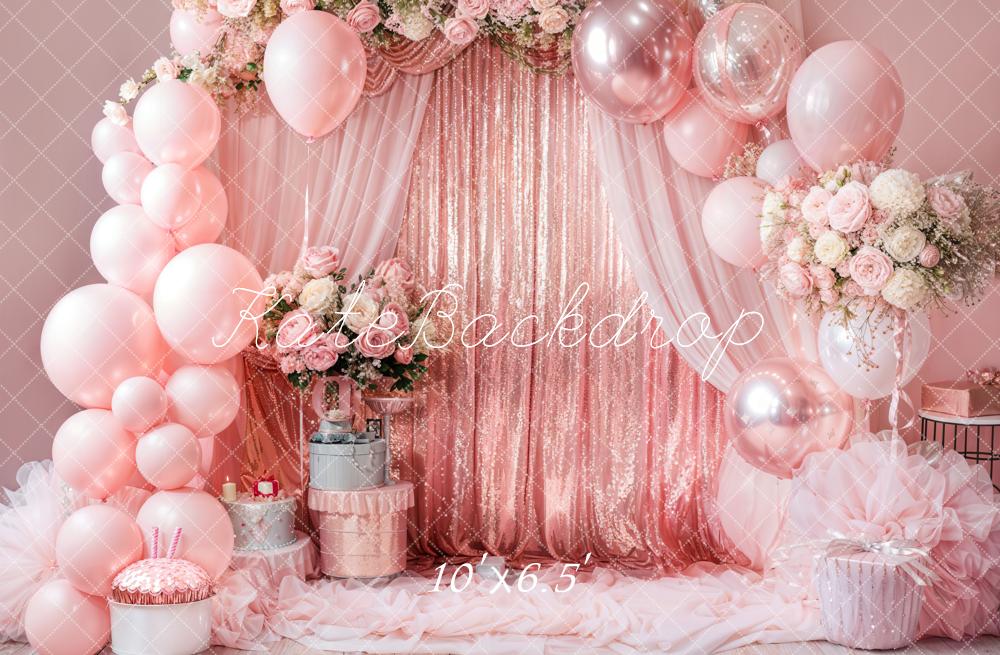 Kate Birthday Pink Floral Balloon Arch Backdrop Designed by Emetselch - Image 6