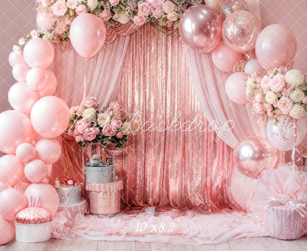 Kate Birthday Pink Floral Balloon Arch Backdrop Designed by Emetselch - Image 7