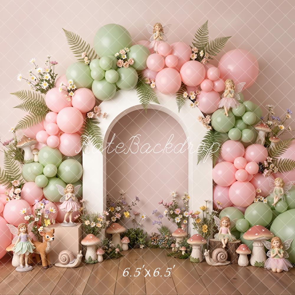 Kate 1st Birthday Pink Green Balloons Fairy Arch Backdrop Designed by Emstselch - Image 2