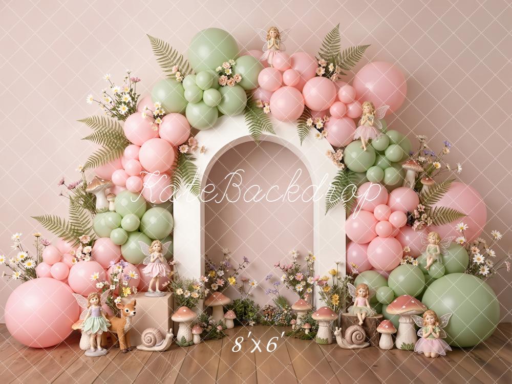 Kate 1st Birthday Pink Green Balloons Fairy Arch Backdrop Designed by Emstselch - Image 3