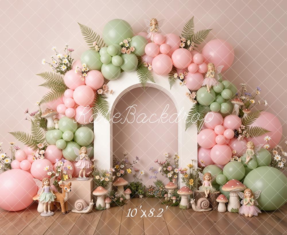 Kate 1st Birthday Pink Green Balloons Fairy Arch Backdrop Designed by Emstselch - Image 5