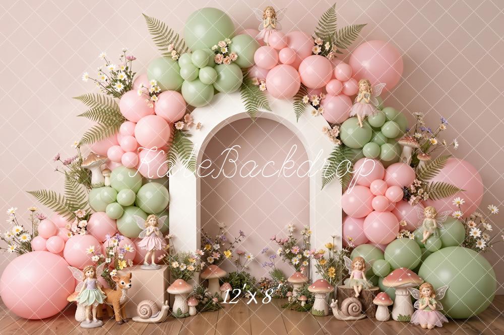 Kate 1st Birthday Pink Green Balloons Fairy Arch Backdrop Designed by Emstselch - Image 6