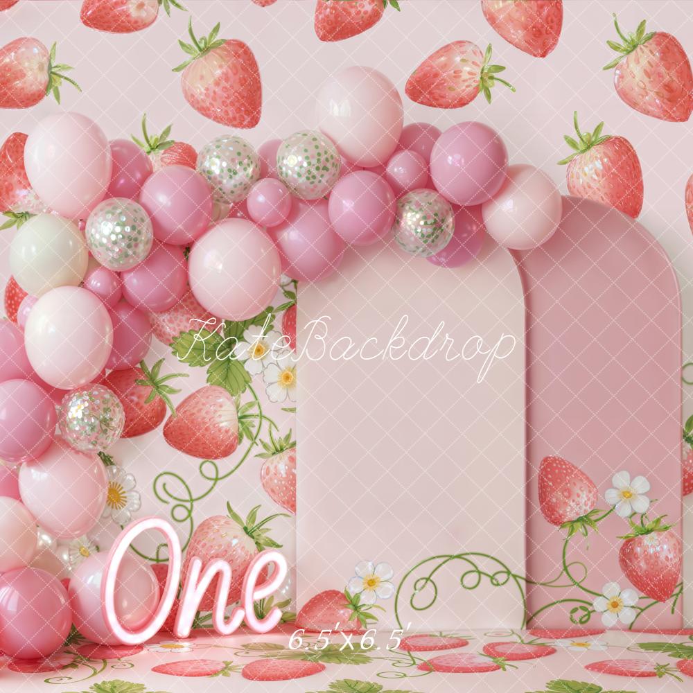 Kate 1st Birthday Strawberry Balloons Pink Backdrop Designed by Emstselch - Image 2