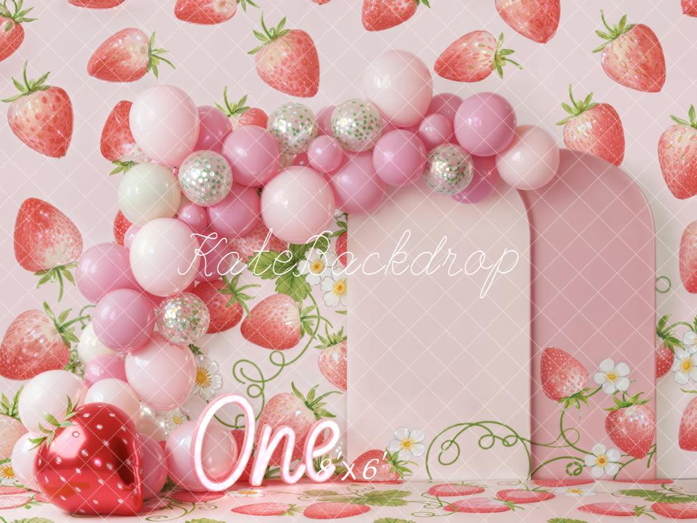 Kate 1st Birthday Strawberry Balloons Pink Backdrop Designed by Emstselch - Image 3
