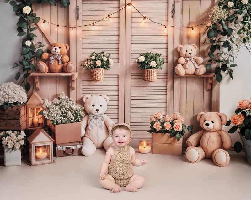 Kate Birthday Teddy Bear Floral Lantern Backdrop Designed by Emetselch