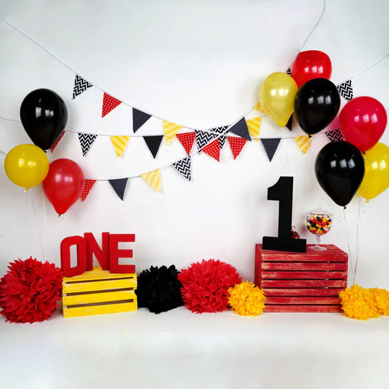 Kate Black Red Yellow Balloons 1st Birthday Backdrop Designed by Arica Kirby - Image 4