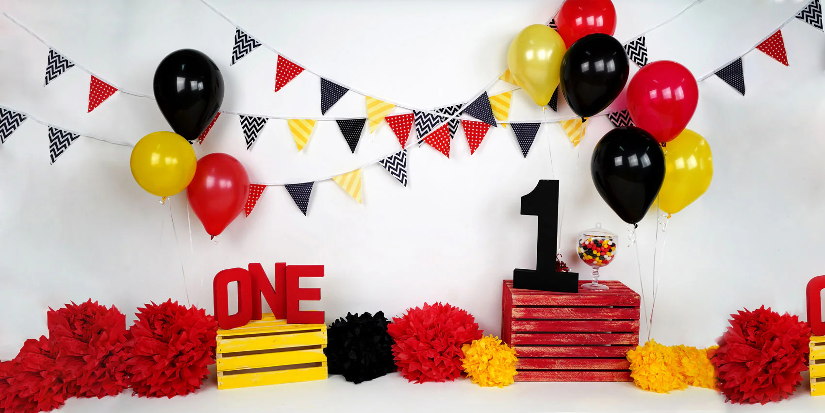 Kate Black Red Yellow Balloons 1st Birthday Backdrop Designed by Arica Kirby - Image 5