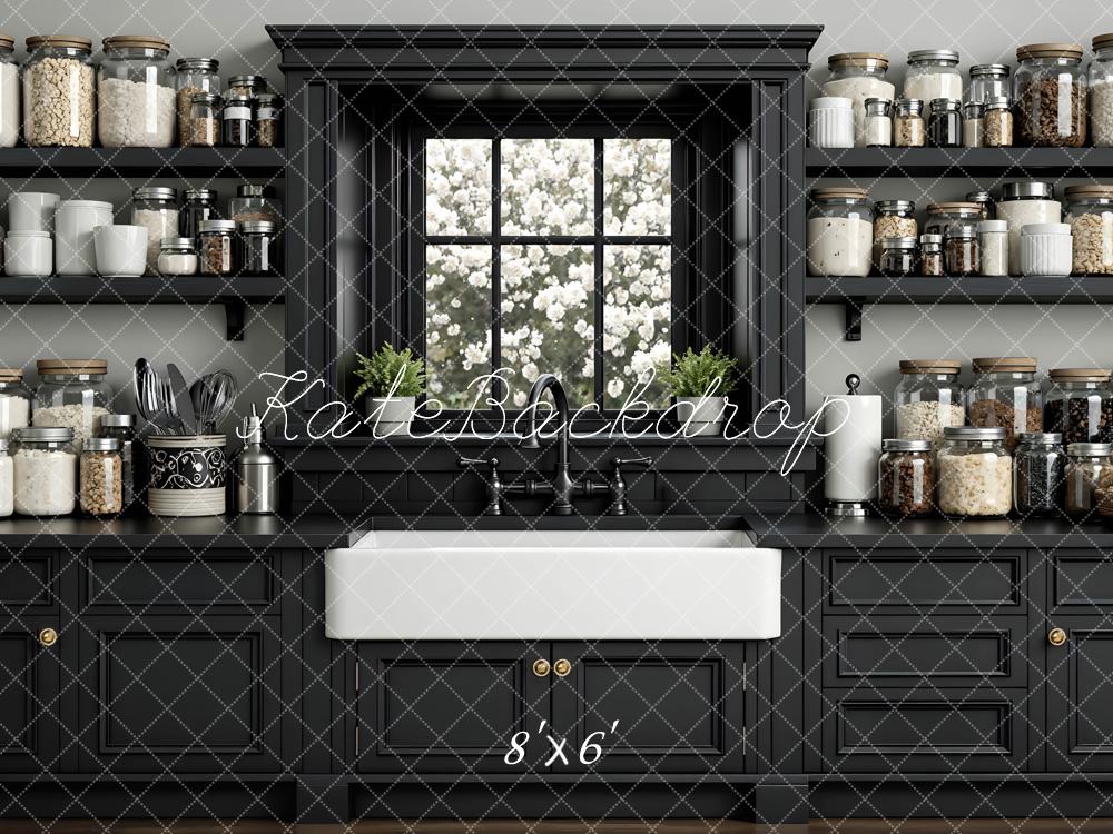 Kate Black Kitchen Cabinets Window Shelves Backdrop Designed by Mini MakeBelieve - Image 3