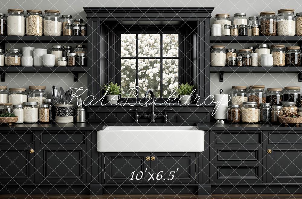 Kate Black Kitchen Cabinets Window Shelves Backdrop Designed by Mini MakeBelieve - Image 4