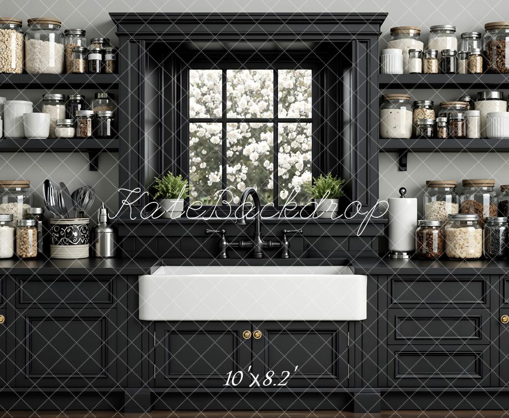 Kate Black Kitchen Cabinets Window Shelves Backdrop Designed by Mini MakeBelieve - Image 6