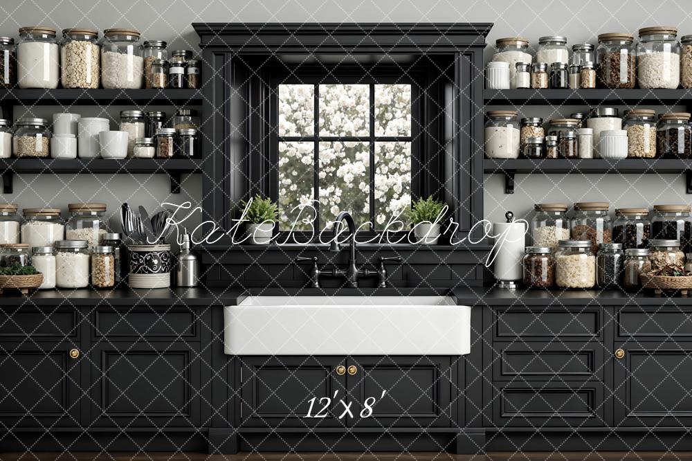 Kate Black Kitchen Cabinets Window Shelves Backdrop Designed by Mini MakeBelieve - Image 8