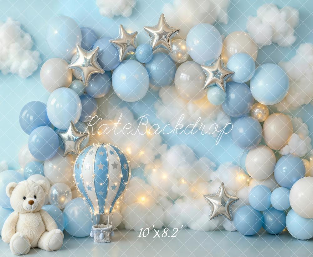Kate Blue Balloons Stars Clouds Bear Fleece Backdrop Designed by Emstselch - Image 3