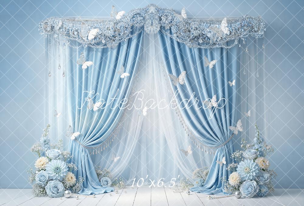 Kate Blue Curtains Floral Butterflies Fleece Backdrop Designed by Emstselch - Image 2