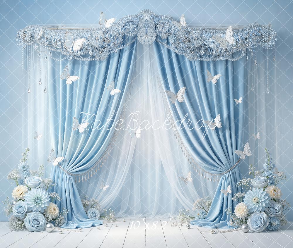 Kate Blue Curtains Floral Butterflies Fleece Backdrop Designed by Emstselch - Image 3