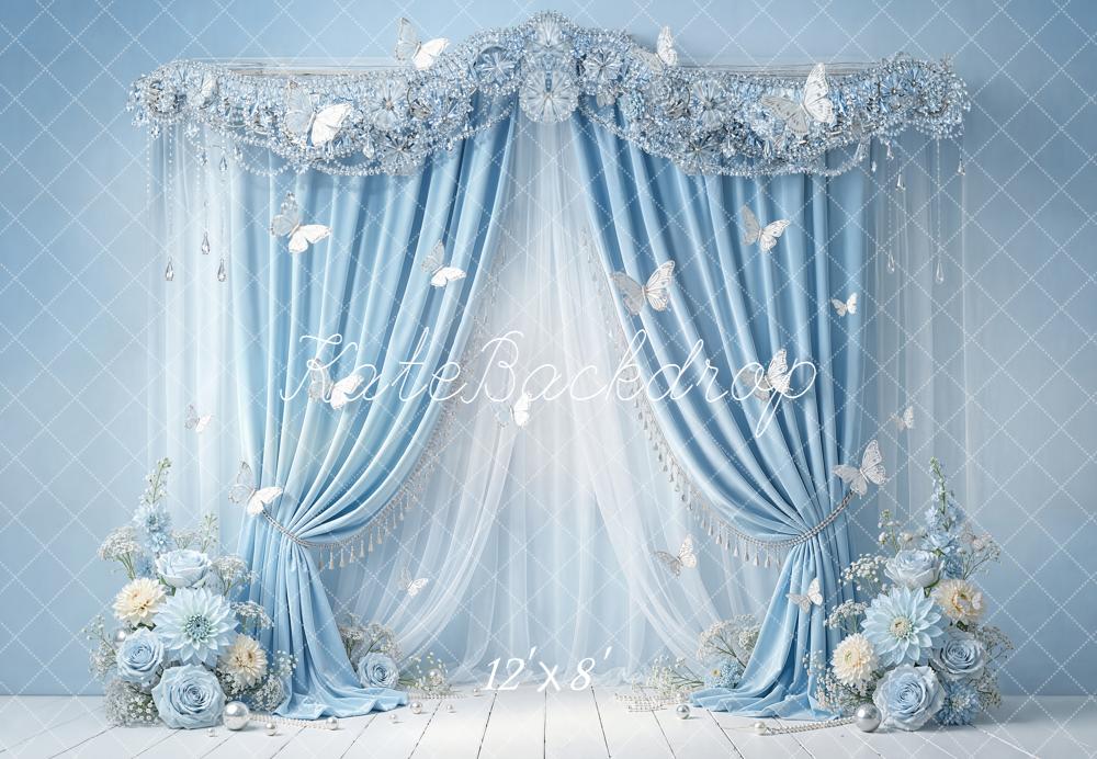 Kate Blue Curtains Floral Butterflies Fleece Backdrop Designed by Emstselch - Image 4