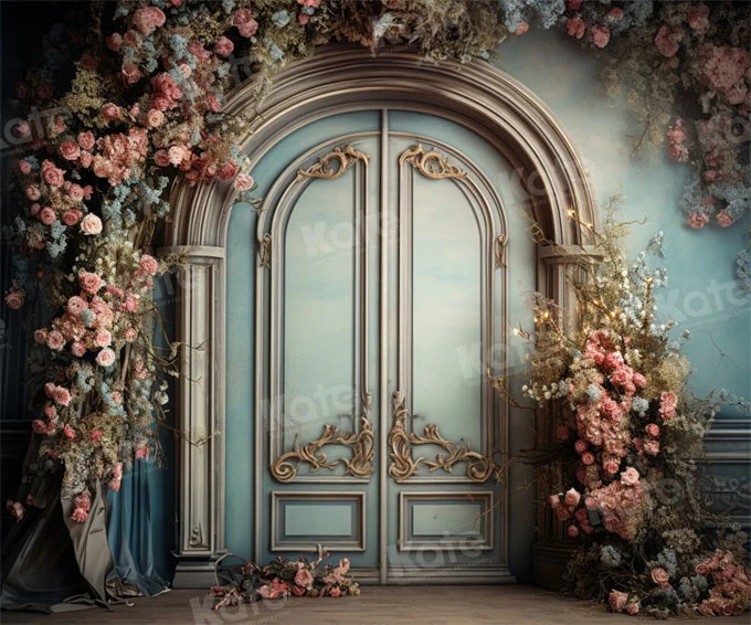 Kate Blue Door Pink Floral Arch Fleece Backdrop Designed by Emetselch - Image 3