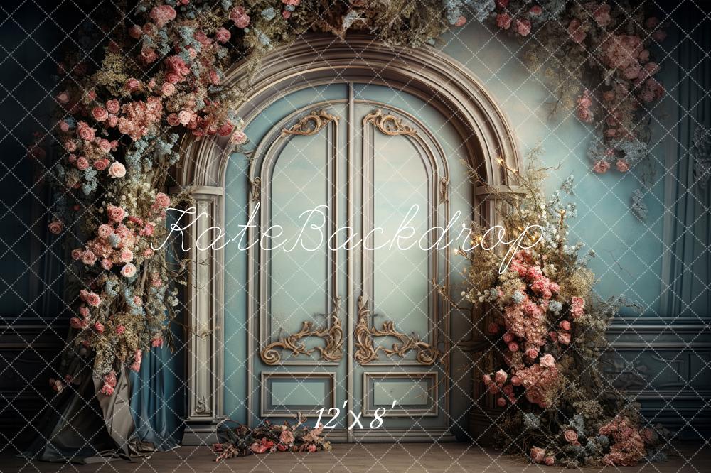 Kate Blue Door Pink Floral Arch Fleece Backdrop Designed by Emetselch - Image 4