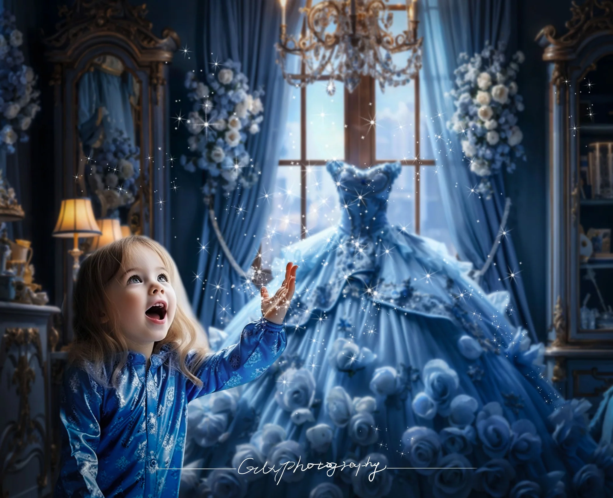 Kate Blue Dress Flower Bedroom Backdrop Designed by GQ - Image 3