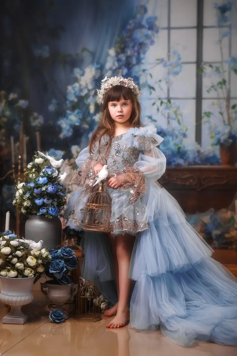 Kate Blue Flower Curtain Window Room Spring Fleece Backdrop Designed by Emetselch - Image 11