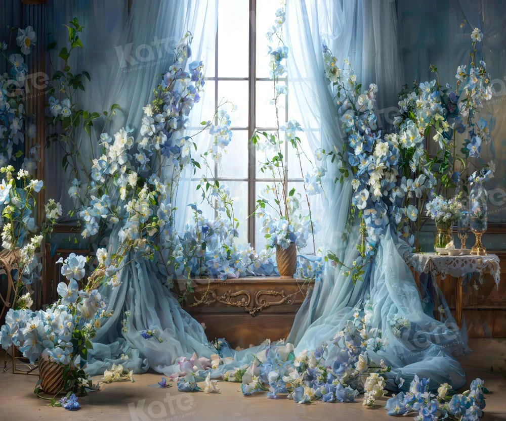 Kate Blue Flower Curtain Window Room Spring Fleece Backdrop Designed by Emetselch - Image 13