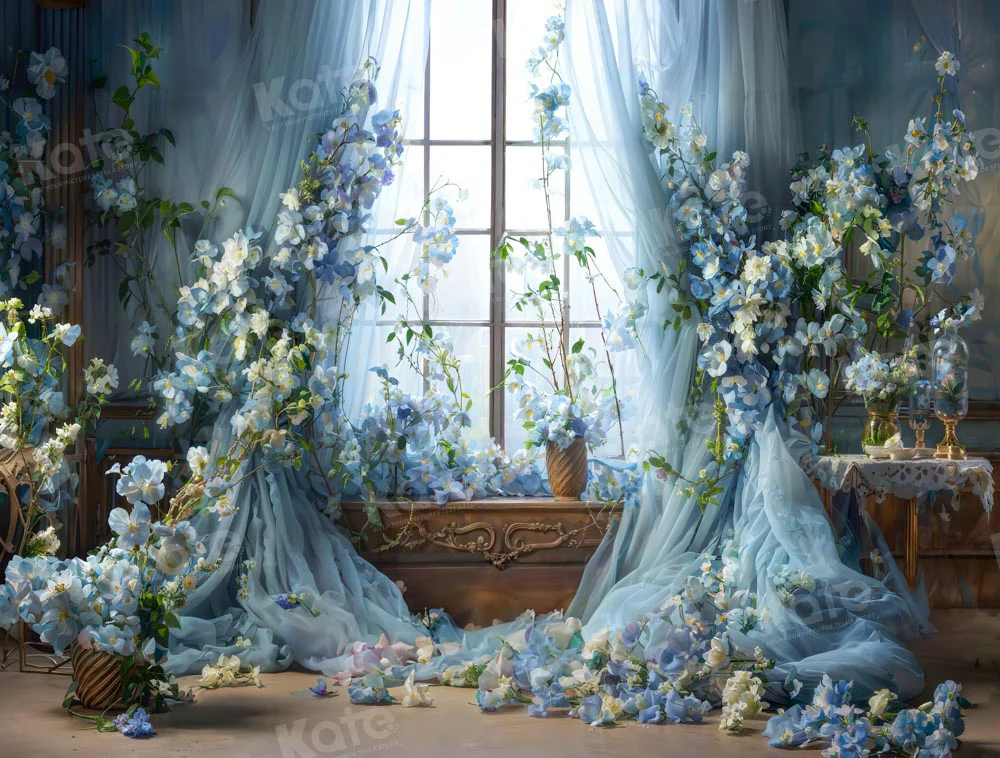Kate Blue Flower Curtain Window Room Spring Fleece Backdrop Designed by Emetselch - Image 14