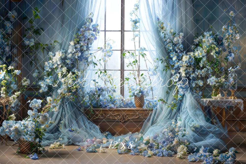 Kate Blue Flower Curtain Window Room Spring Fleece Backdrop Designed by Emetselch - Image 15
