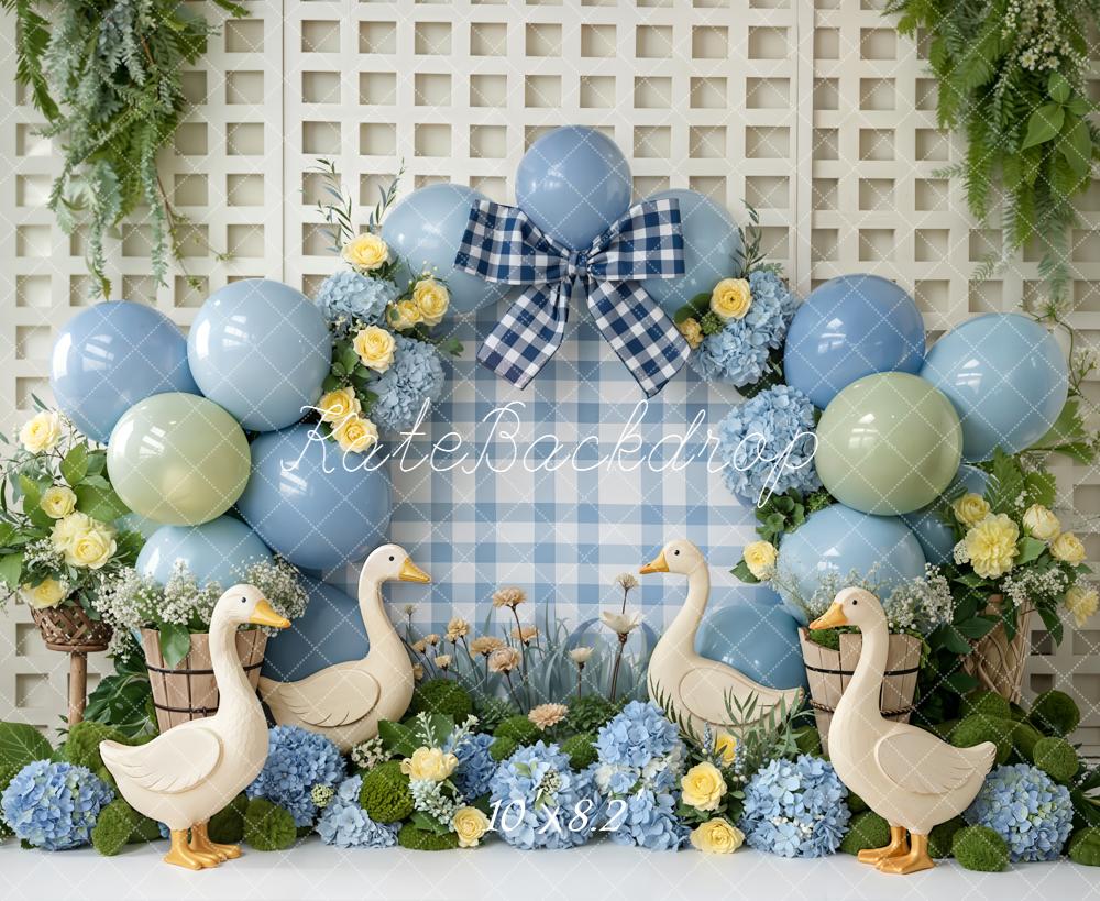 Kate Blue Gingham Balloons Ducks Floral Fleece Backdrop Designed by Emetselch - Image 3