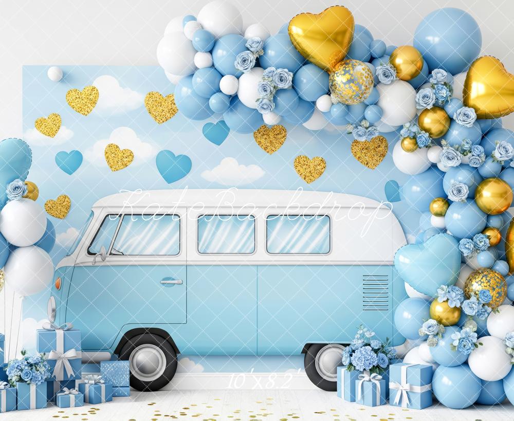 Kate Blue Van Balloons Gold Hearts Fleece Backdrop Designed by Patty Robert - Image 3