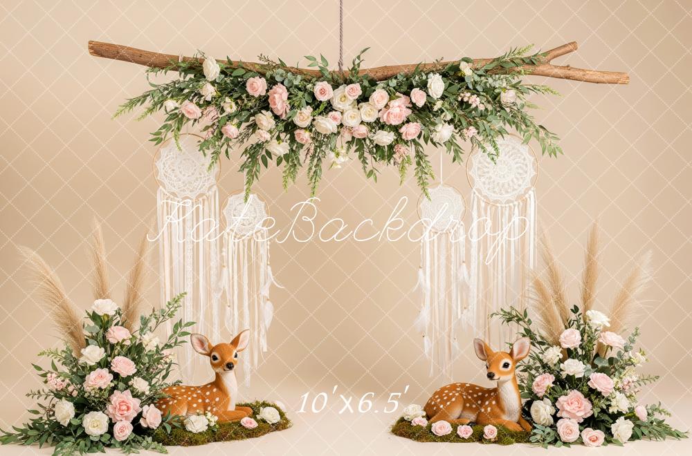 Kate Boho Deer Floral Dreamcatchers Cream Fleece Backdrop Designed by Patty Robert - Image 2