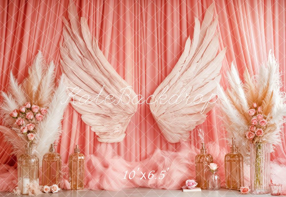 Kate Boho Angel Wings Pink Curtains Fleece Backdrop Designed by Emetselch - Image 2