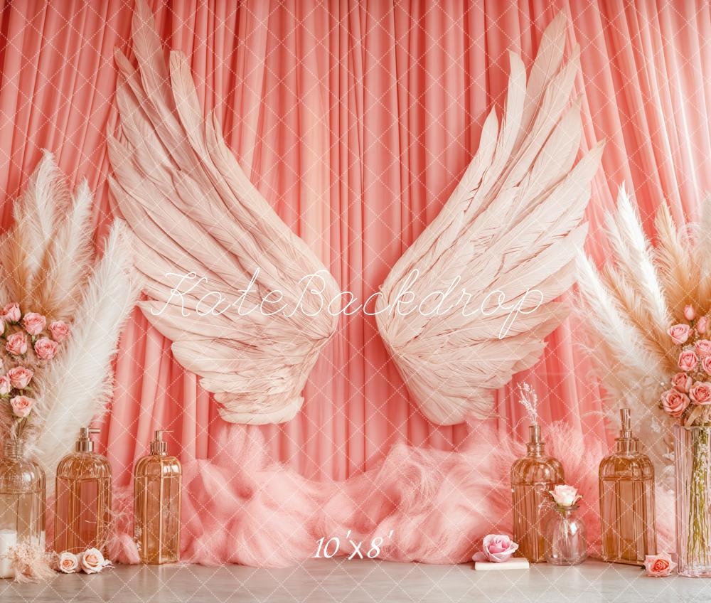 Kate Boho Angel Wings Pink Curtains Fleece Backdrop Designed by Emetselch - Image 3