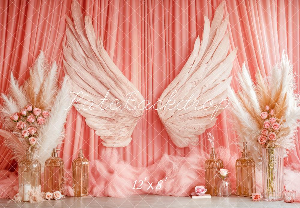 Kate Boho Angel Wings Pink Curtains Fleece Backdrop Designed by Emetselch - Image 4