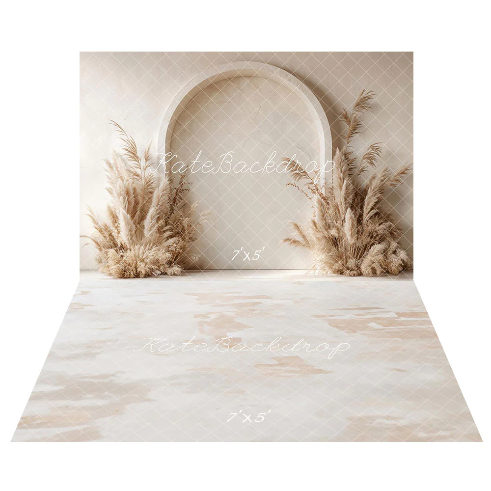 Kate Boho Arch Pampas Grass Backdrop+Neutral Abstract Texture Beige Floor Backdrop - Image 2