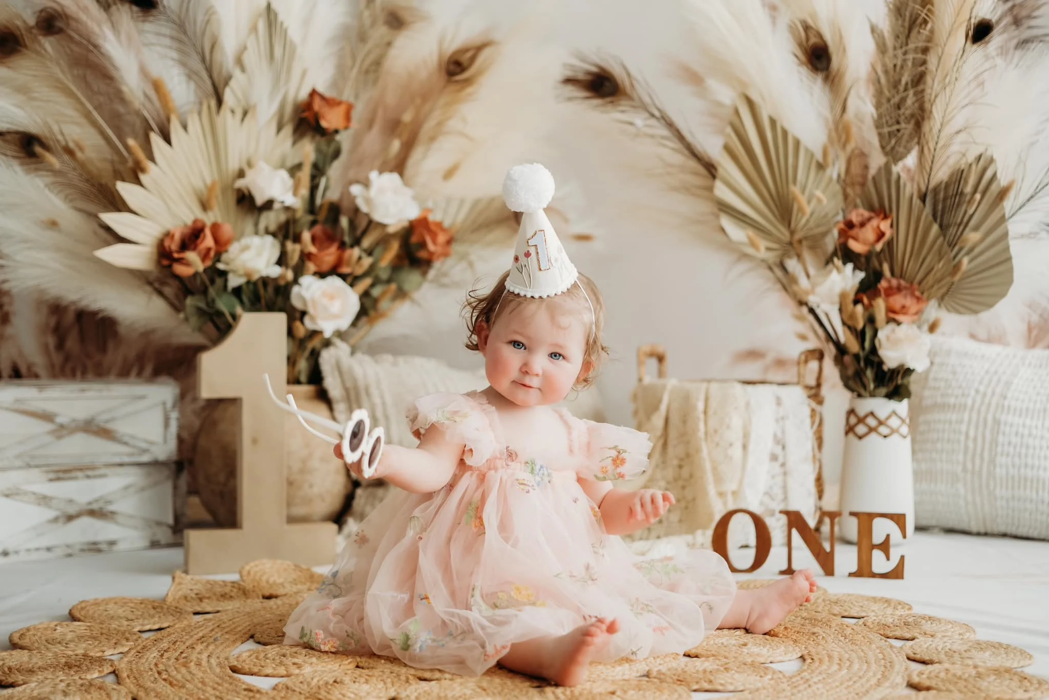 Kate Boho Arch Pampas Grass Backdrop+Neutral Abstract Texture Beige Floor Backdrop - Image 3