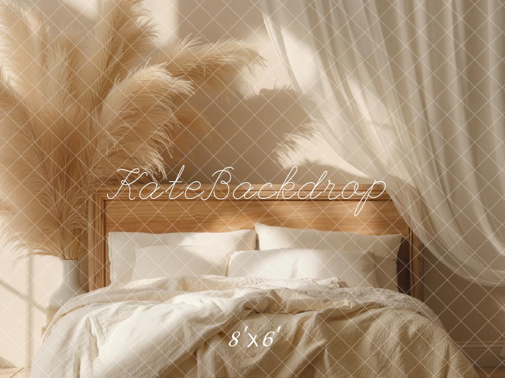 Kate Boho Bed Pampas Grass Drapes Beige Backdrop Designed by Emetselch - Image 3