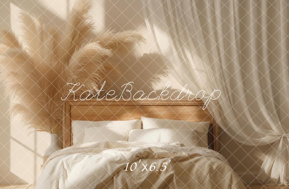Kate Boho Bed Pampas Grass Drapes Beige Backdrop Designed by Emetselch - Image 4