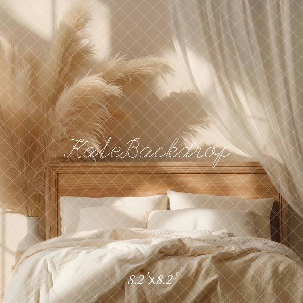 Kate Boho Bed Pampas Grass Drapes Beige Backdrop Designed by Emetselch - Image 5
