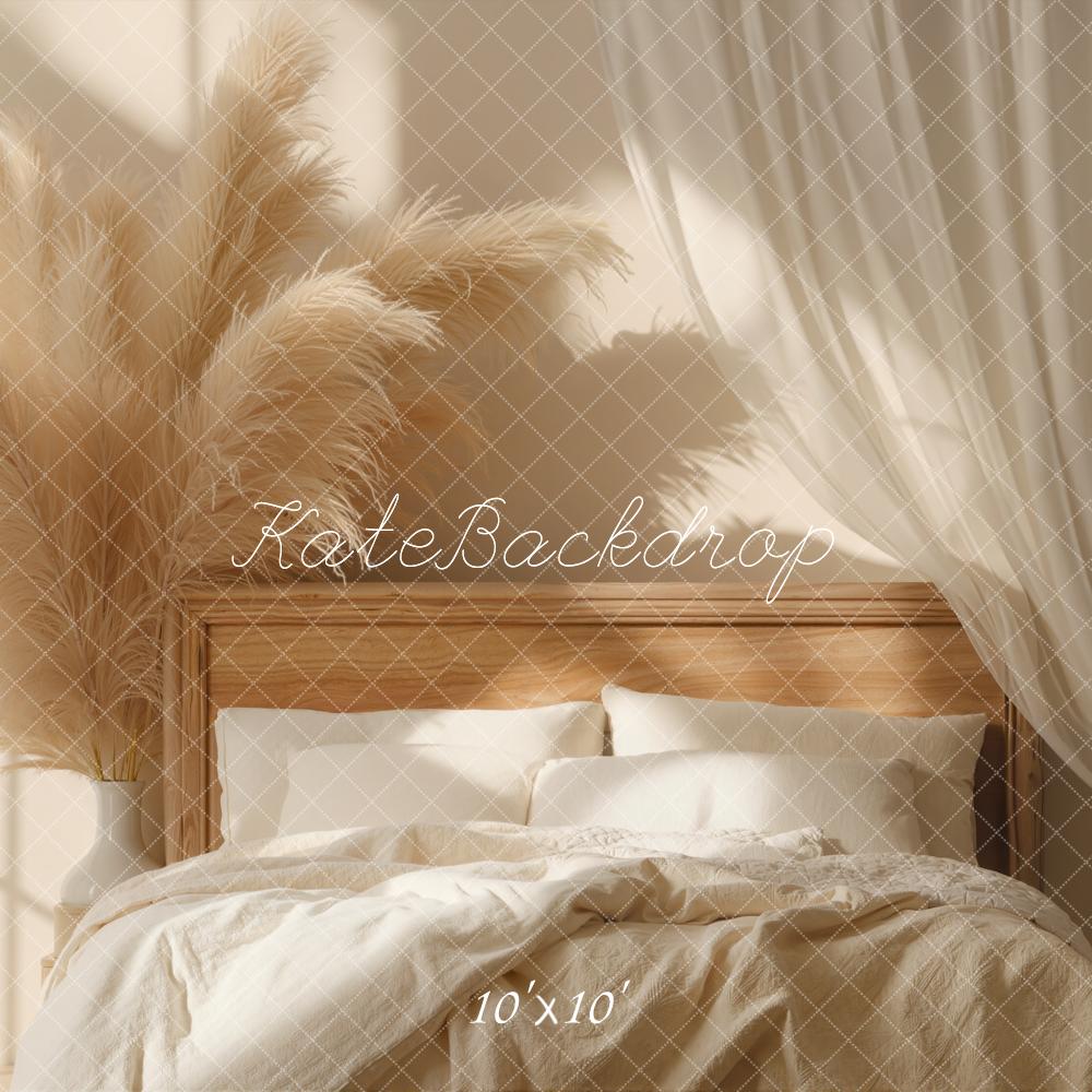 Kate Boho Bed Pampas Grass Drapes Beige Backdrop Designed by Emetselch - Image 7