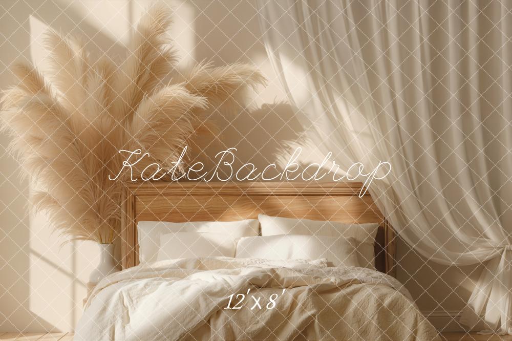 Kate Boho Bed Pampas Grass Drapes Beige Backdrop Designed by Emetselch - Image 8