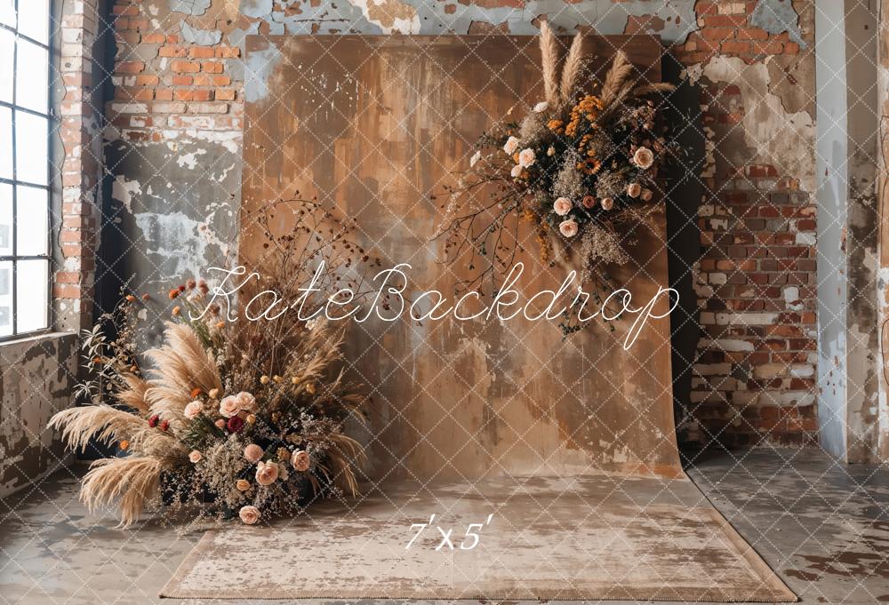 Kate Boho Dark Brown Reed Floral Old Brick Wall Backdrop Designed by Emetselch - Image 2