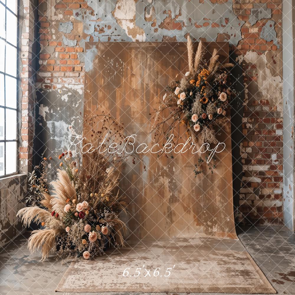 Kate Boho Dark Brown Reed Floral Old Brick Wall Backdrop Designed by Emetselch - Image 3