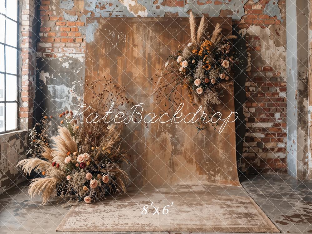 Kate Boho Dark Brown Reed Floral Old Brick Wall Backdrop Designed by Emetselch - Image 4